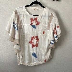 Anthropologie Tiny Embroidered Top Blouse Flutter Sleeves XS